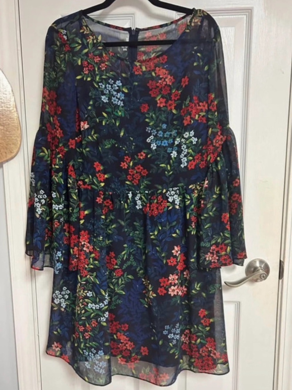Ralph Lauren Navy Floral Chiffon Dress with Red & Blue Flowers
